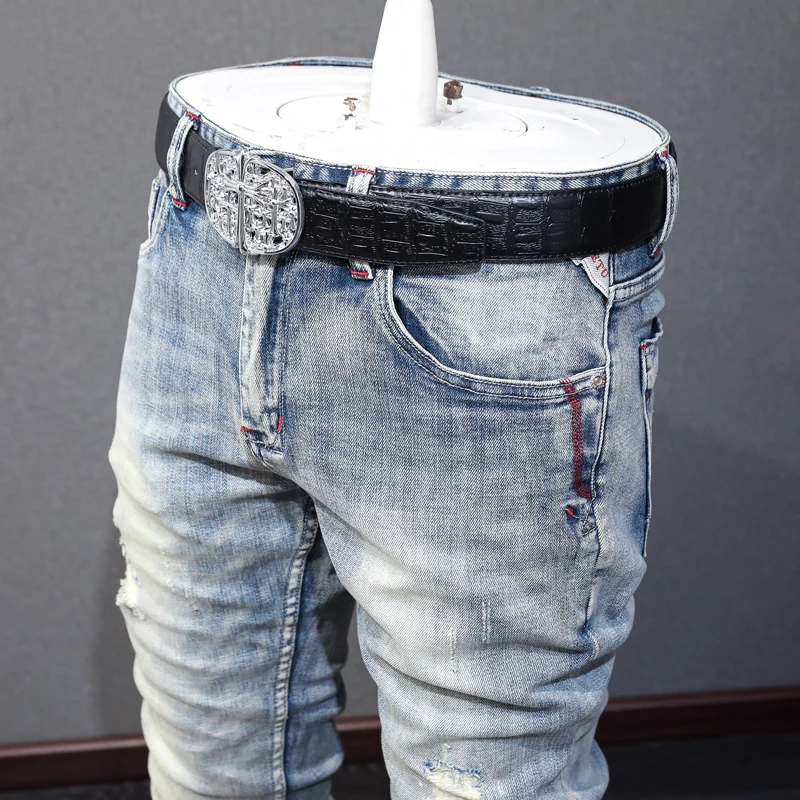Newly Designer Fashion Men Jeans High Quality Retro Light Blue Elastic Slim Ripped Jeans Men Patched Vintage Denim Pants Hombre