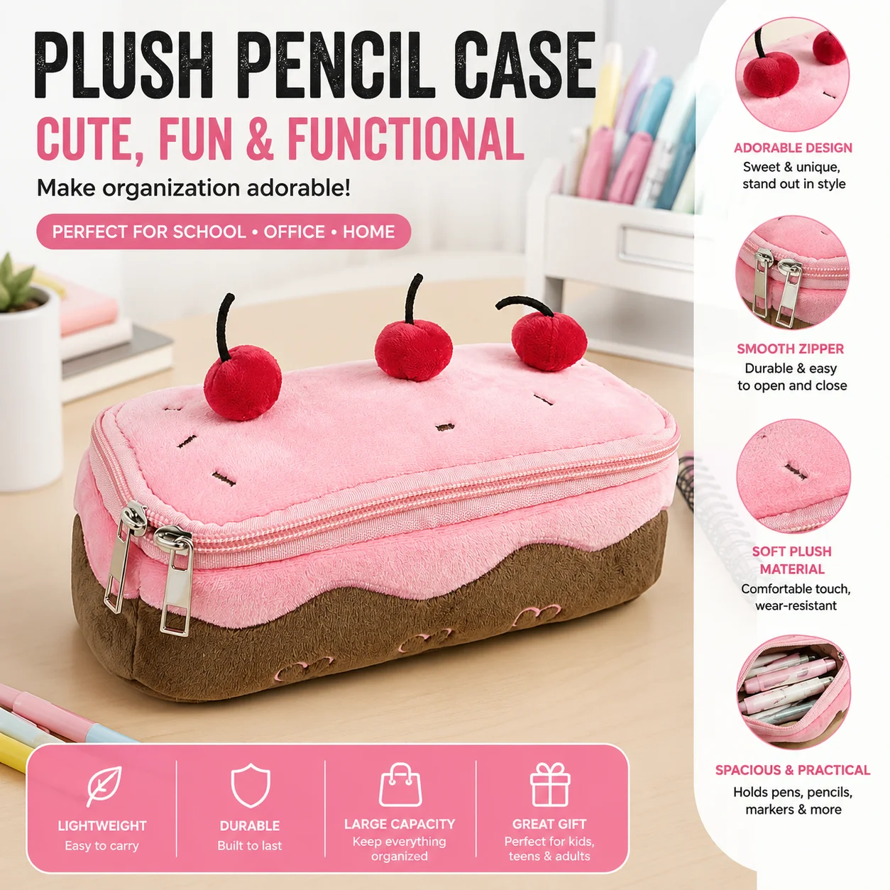 Cute plush cherry cake pencil case high value large capacity cosmetic bag student stationery bag storage bag
