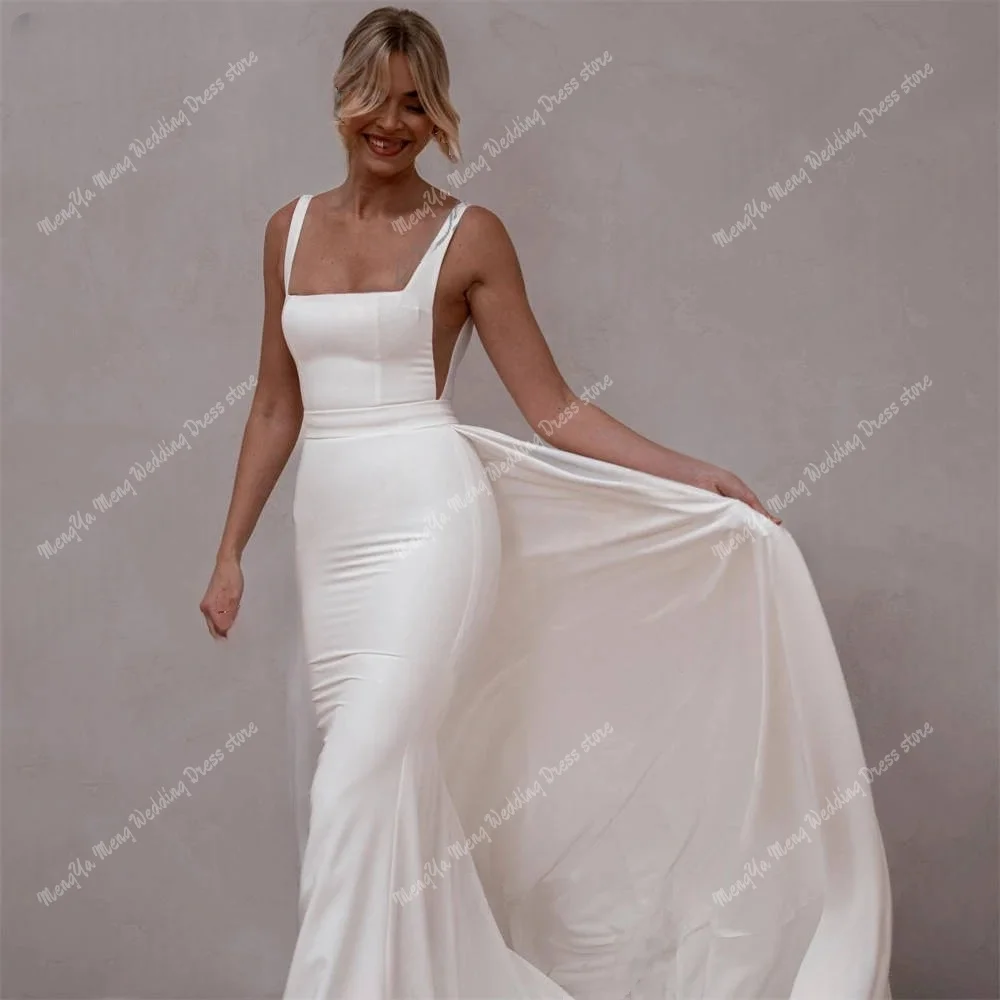 ZHUISHU 맞춤형 스판덱스 새틴 웨딩 드레스 스퀘어 칼라 민소매 백리스 신부 분리형 기차 Vestido de novia