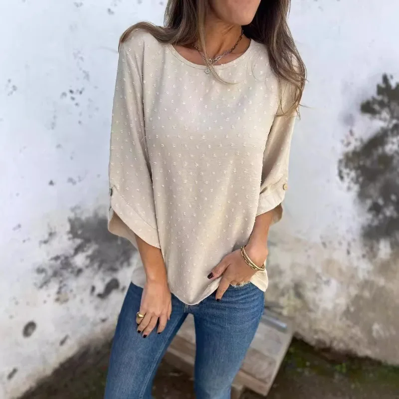 Women Swiss Dot Jacquard Blouse O Neck 3 4 Sleeve Loose Casual Chiffon Fashion Daily Wear Top view 3