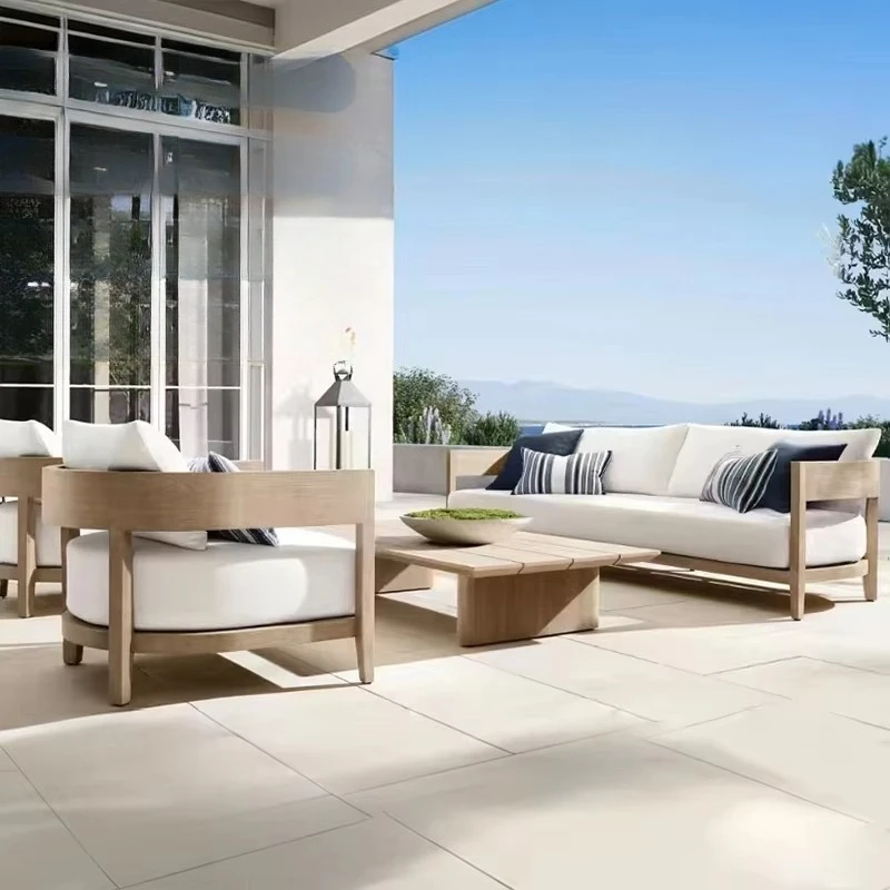High End Modern Villa Courtyard Hotel Patio Sofa Set Cushions Teak Solid Wood Outdoor Furniture Backyard Garden Set