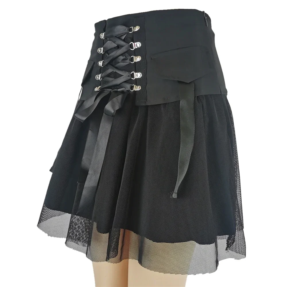 Women's Summer Y2k Multi-Layered Mesh Cake Skirt High Waisted Mesh Lace Patchwork Lace Up JK Skirt Fluffy Cake Skirt Black
