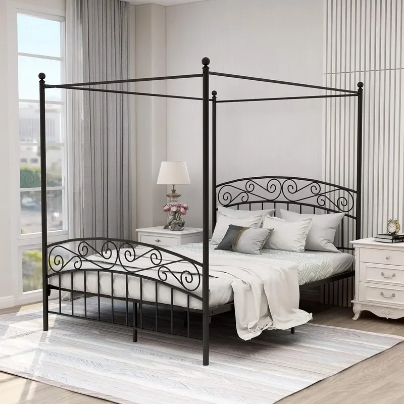 Queen Size Canopy Bed Frame Four-Poster Metal Bed Black