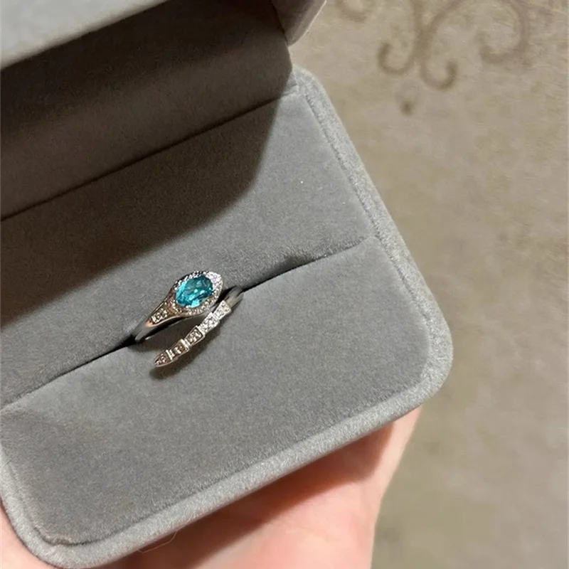 Serpentine Ring Sea Blue Topaz Open Ring 925 Silver Jewelry Platinum Plated Snake Fashion Rings for Women