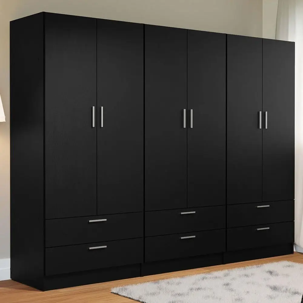 

6-Door Wooden Storage Cabinet with Shelves and Hanging Space, 94 L Armoire Closet Organizer for Bedroom and Office - Black