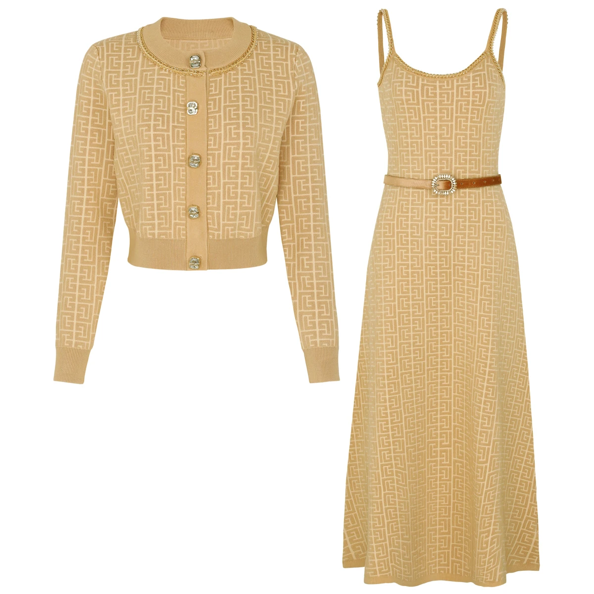 Elastic Knit Cardigan Dress with Chain Drill Button Slim Fit Women's Set High Quality Textured Fashion