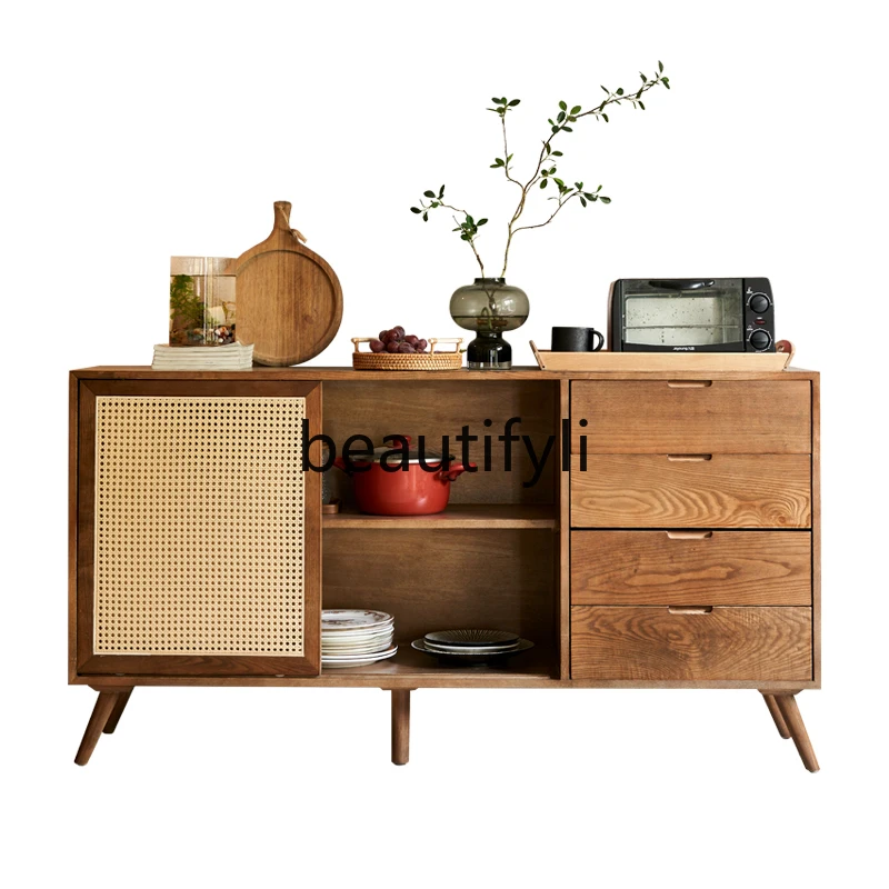 

Side cabinet household walnut solid wood Nordic living room sliding door rattan locker modern simplicity