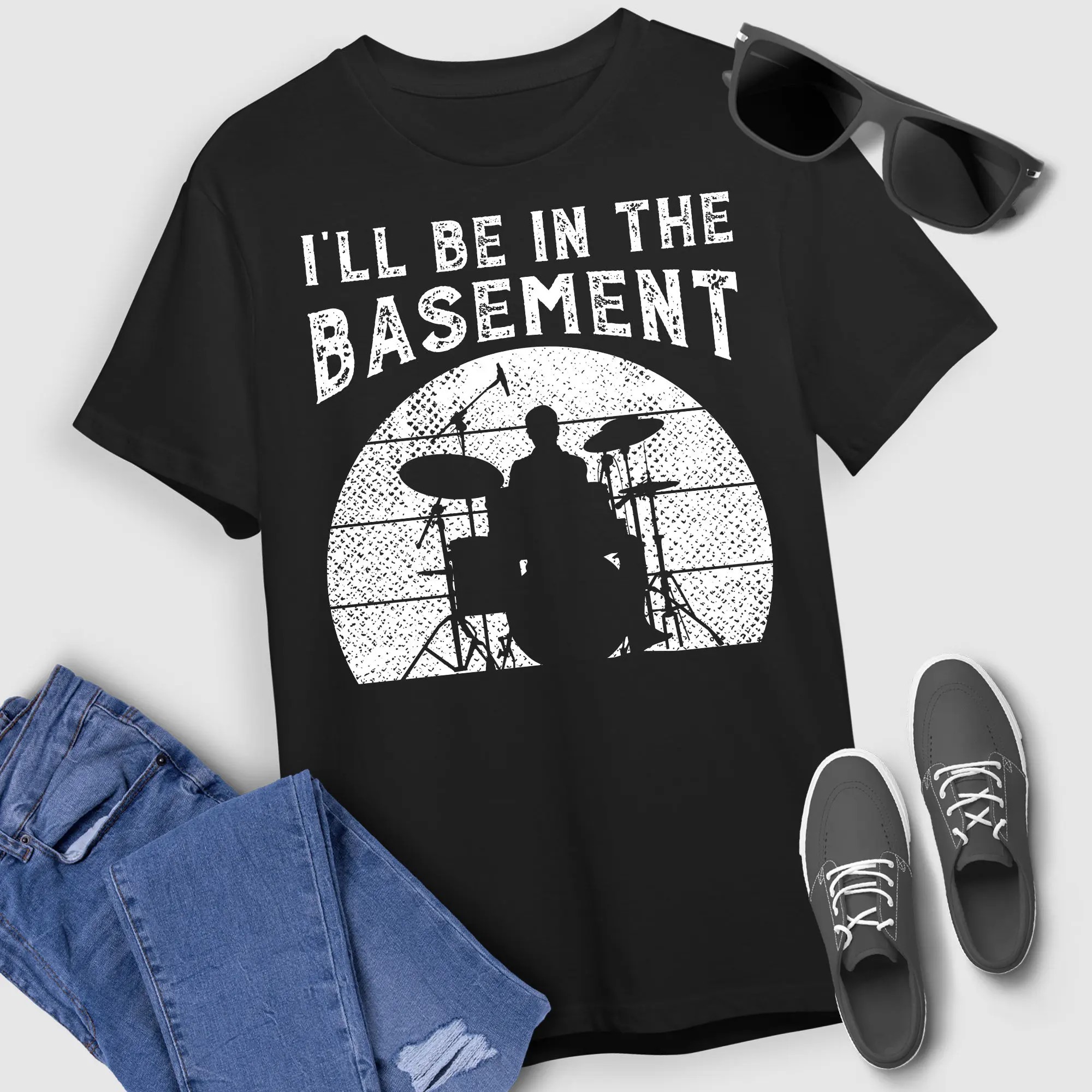 Drumming T Shirt I'Ll Be In The Basement Drum Set For