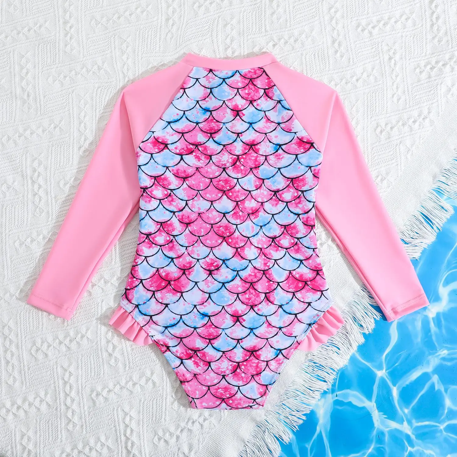 Summer Girls One-piece Swimsuit Kids Cute Cartoon Fish Scale Print Long Sleeve Zipper Quick-Dry Swimwear Baby Bathing Costume
