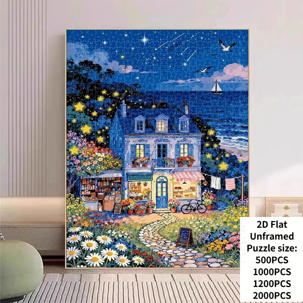 Seaside House Scenery 500/1000/1200/2000 PCS Jigsaw Puzzles Challenging Family Activity Games for Gameroom Bedroom Unique Gifts