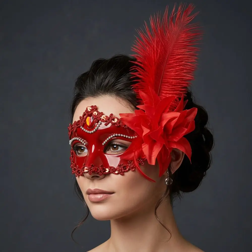 Rhinestone Half-Face Mask Multicolor Flower Feather Mask Seductive Style Cosplay Halloween Festival Party Mask Makeup Festival