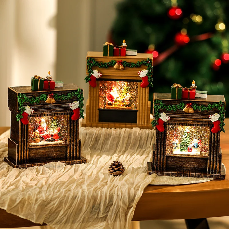 Christmas Mini Resin Fireplace Shine Snowfall Music Box Desktop Ornament Restaurant Cafe Tavern Festive Atmosphere Decoration