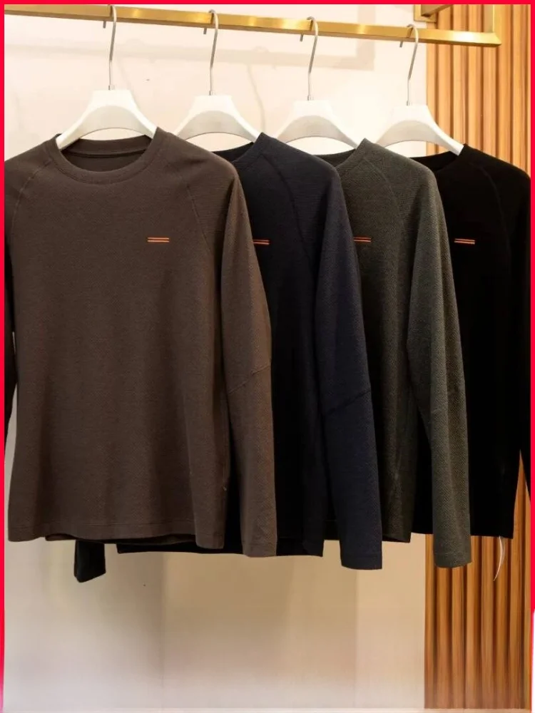

Модная городская мужская футболка из шерсти и модала с длинным рукавом, круглым вырезом, универсальная, с вставками на плечах, осенне-зимний топ