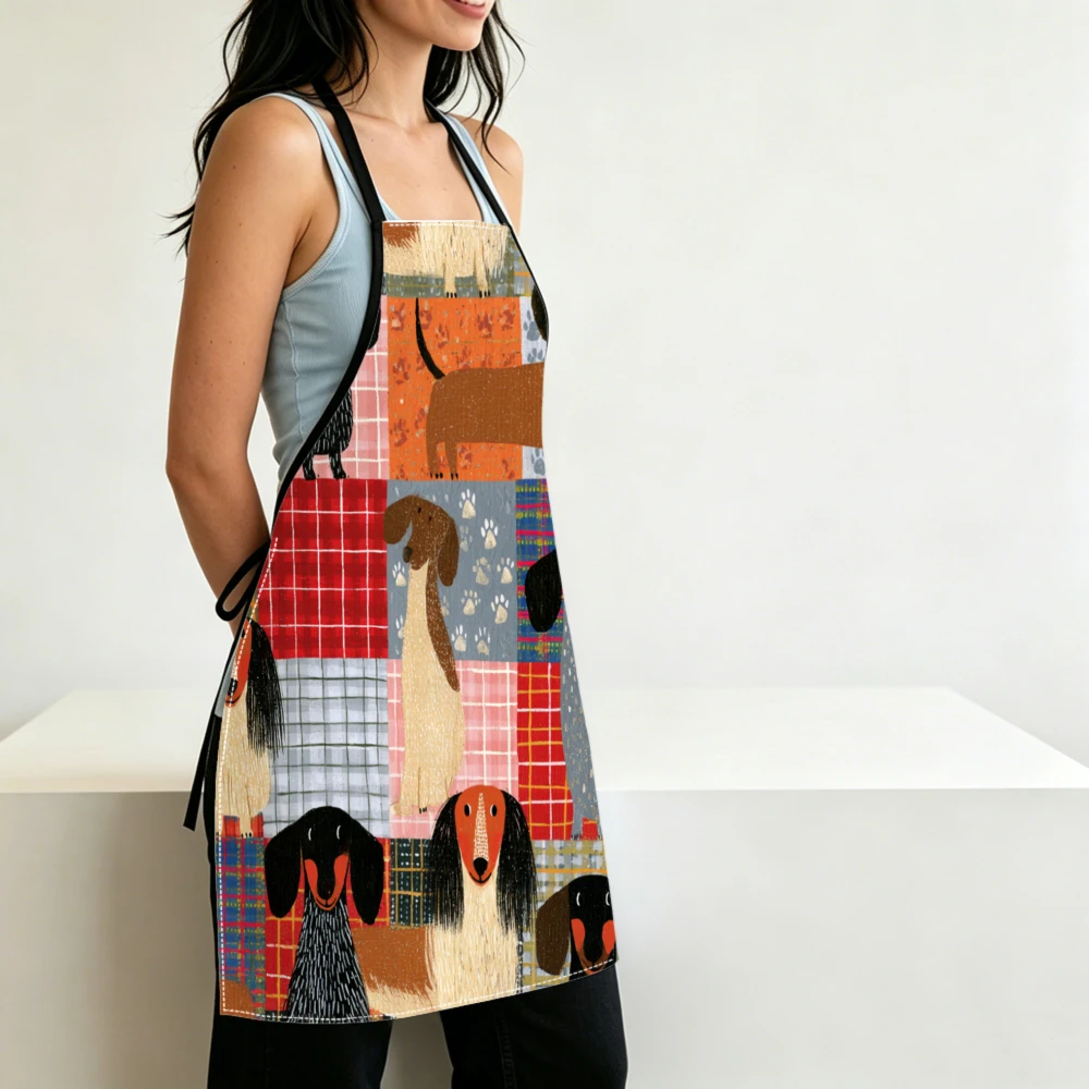 Cute Cartoon Style Apron Dachshund Dog Patchwork Print Kitchen Aprons Cooking Baking Cleaning Adjustable Bibs