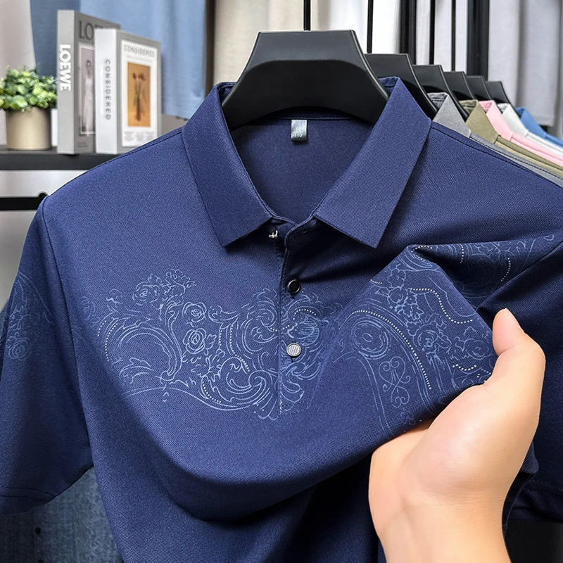 

Summer 2025 New Men's Ice Silk T-Shirt with Turn-Down Collar Casual and Versatile Polo Shirt Trendy and Fashionable Men's Wear