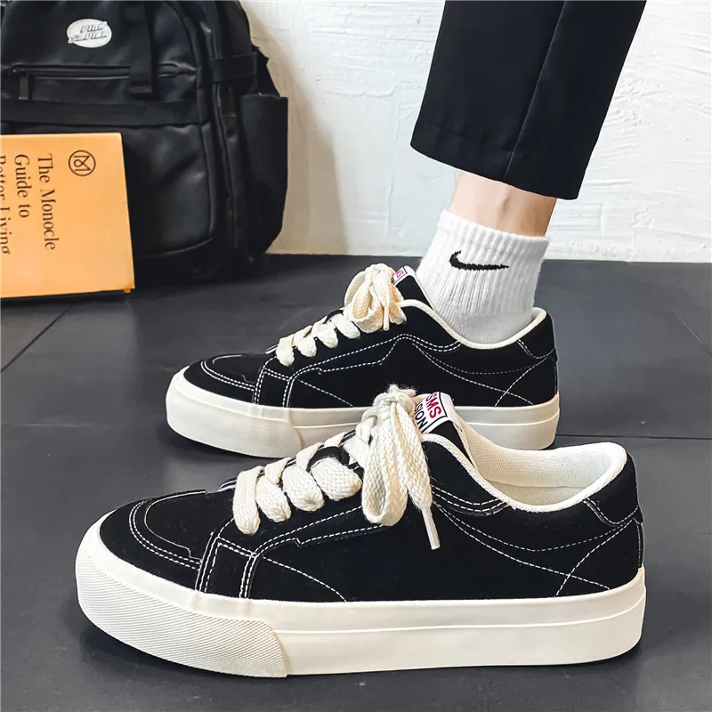 

Men's Low-Top Sport Shoes Spring Japanese Style Casual Board Shoes Boys Thick Bottom Heightening Black Flock Trendy Shoes