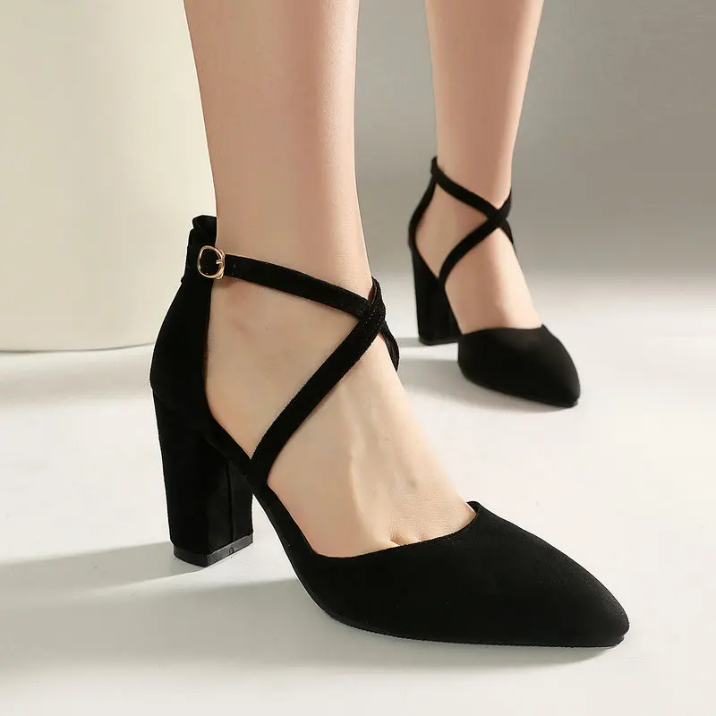 Faux Suede Leather Flock Nude Black Color Cross-trap Summer Mary Janes Hallow Block High Heels Office Home Ladies Sandals