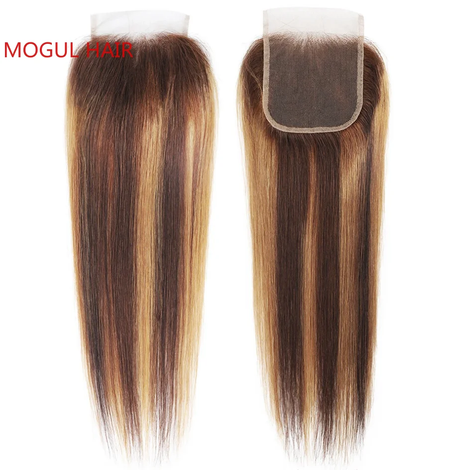 1PC Gerade Highlight Menschliches Haar Weave Bundles Braun Blonde Mix Farbe Spitze Verschluss Frontal Transparent Kostenloser Teil MOGUL HAAR