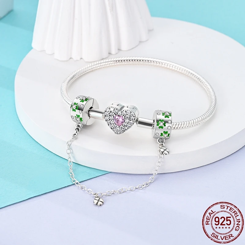 New 100% 925 Silver Lucky Clover Safety Chain Charms Bead Fits Original Pandora Bracelet Pendant Women Fashion Fine Diy Jewelry