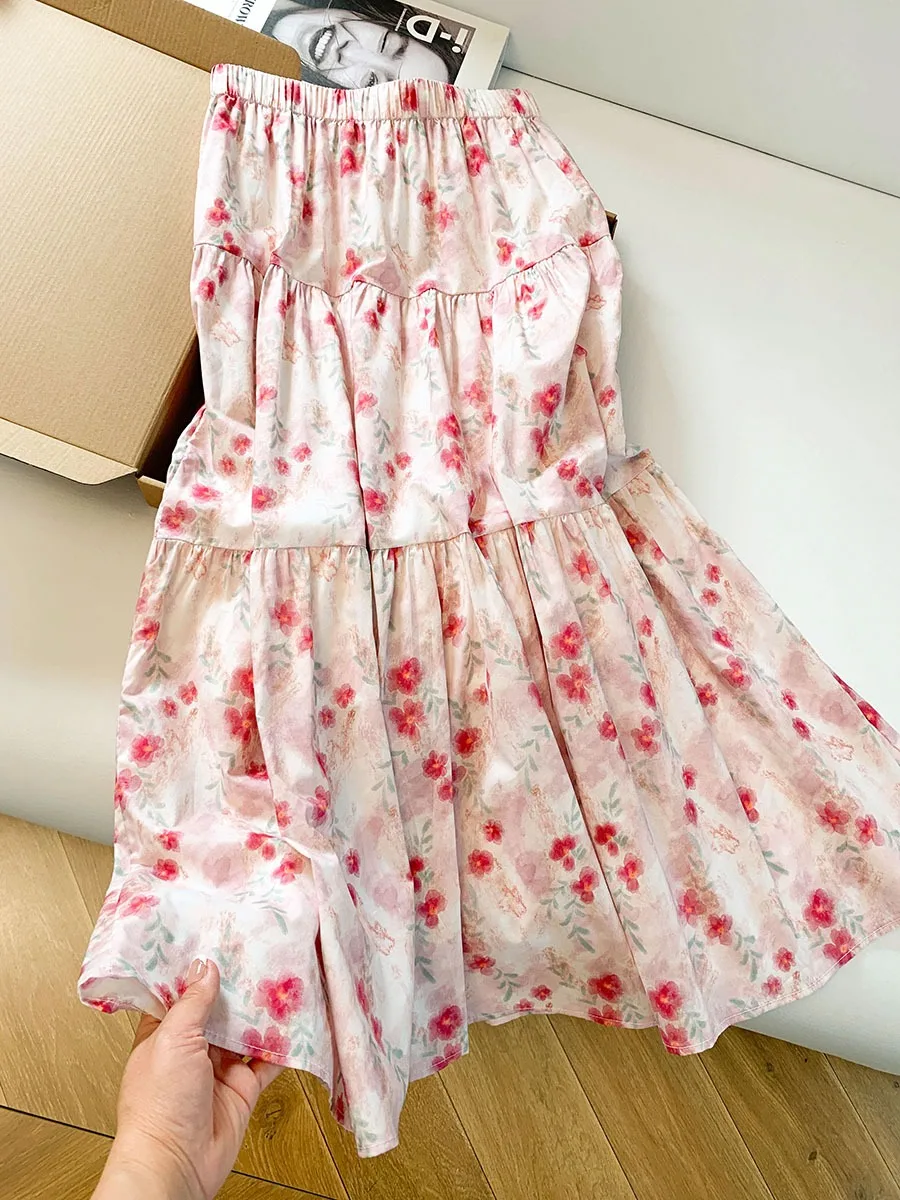 

Юбка-миди в корейском стиле с цветочным принтом Dopamine, женская летняя розовая юбка с принтом, маленький размер, потрясающе красивая юбка-миди