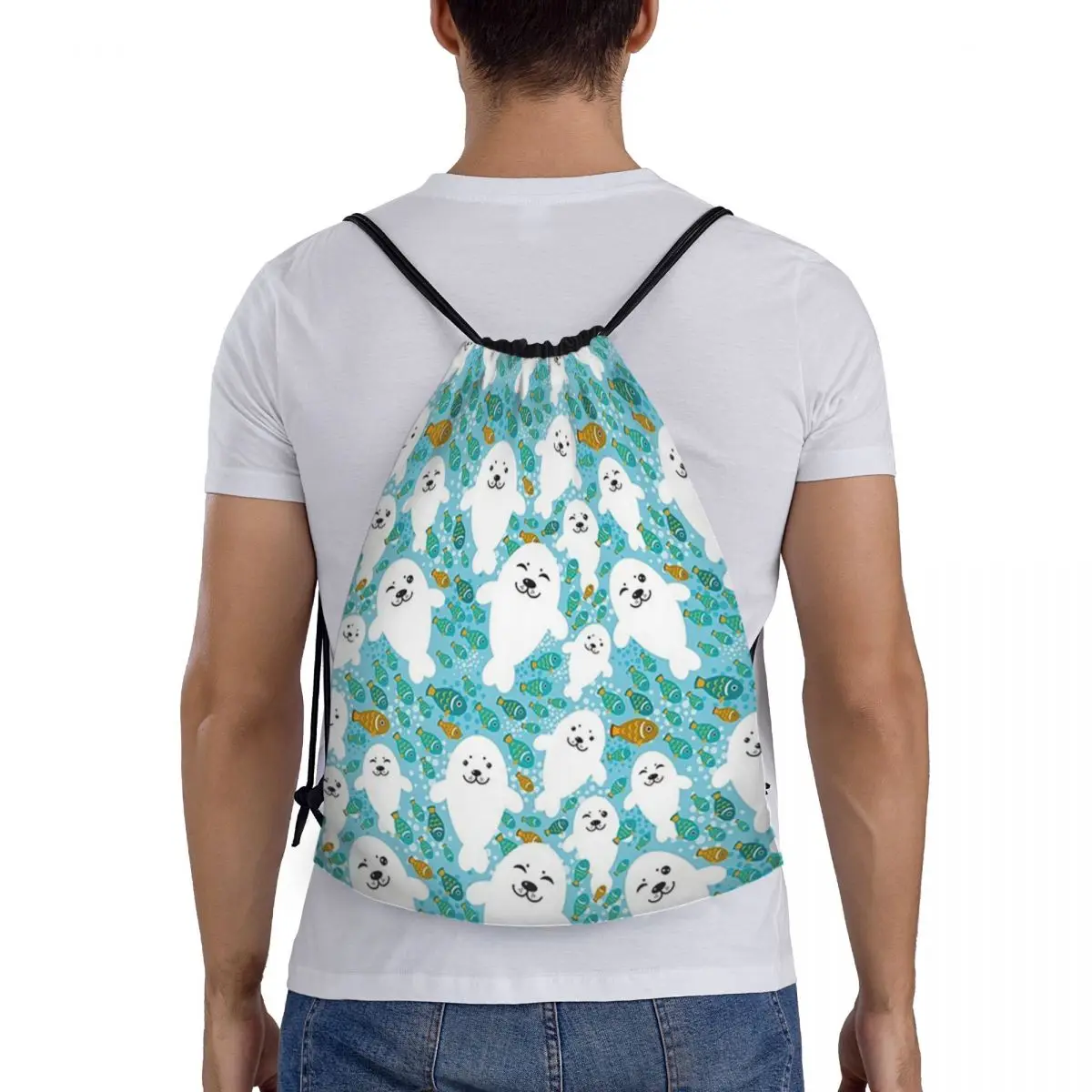 

Kawaii Cute Seal And Fish In Water Backpacks Casual Portable Drawstring Bundle Pocket Storage Bag Book Bags For Travel Students