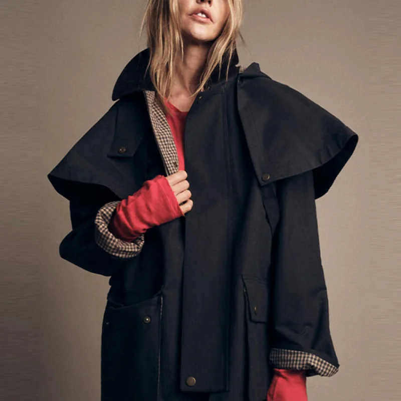 

Women's Casual Cloak Short jacket Navy blue Fashion Design Sense Style Detachable Hat Coat 2025 New Lady Autumn Streetwear