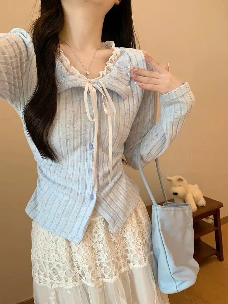 Lace Patchwork Knit T Shirt Women Autumn Sweet Slim Lace Up Single Breasted Tops Korean Chic Splicing Long Sleeve Blouse Mujer