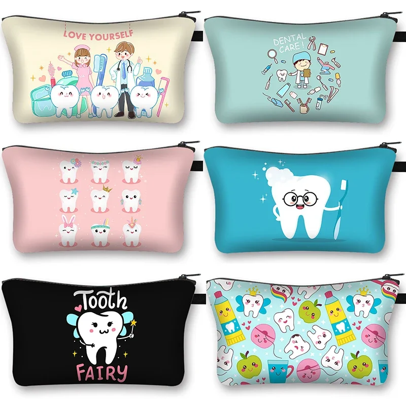 

Cartoon Teeth Floss Dentist Print Cosmetic Case Women Makeup Bags Tooth Lipstick Bag Jewelry Zipper Pouch Toiletry Cosmetic Bags