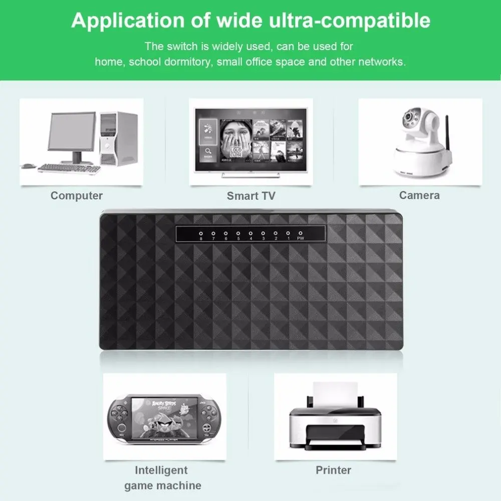 RJ45 8 Port Switch Jaringan Mini Gigabit 1000Mbps Ethernet Smart Switcher Performa Tinggi dengan Adaptor Daya EU