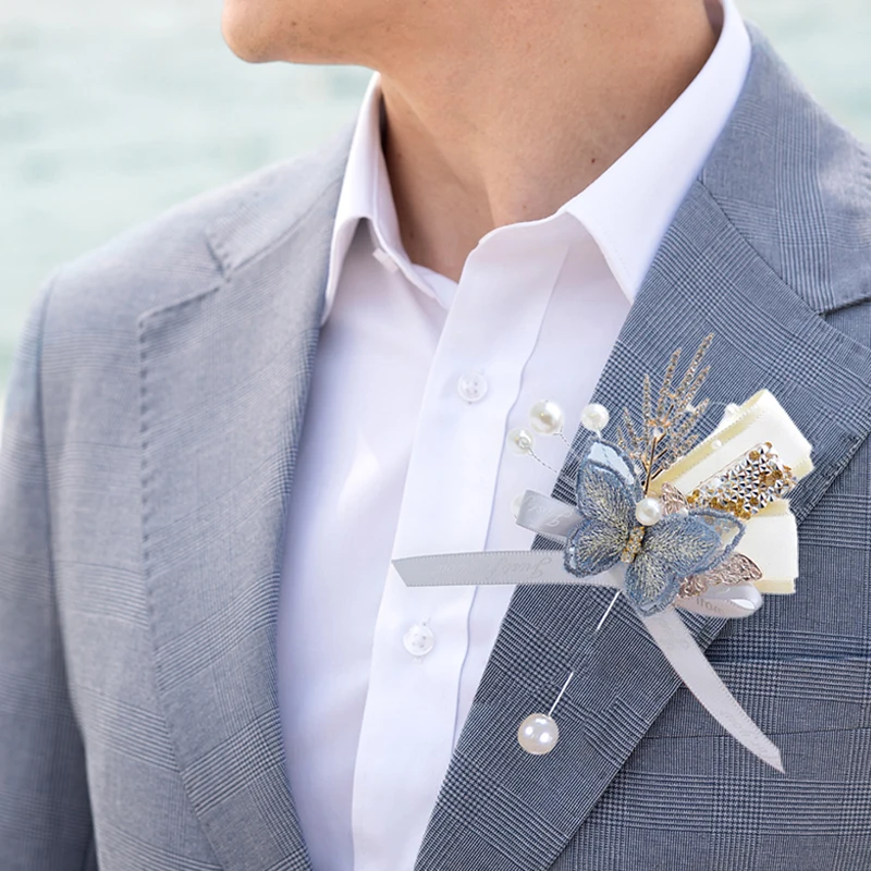 1pc Embroidered Butterfly Boutonniere Men Corsage with Peal and Diamond for Wedding Decor,Cocktail Party Graduation Ball Gift