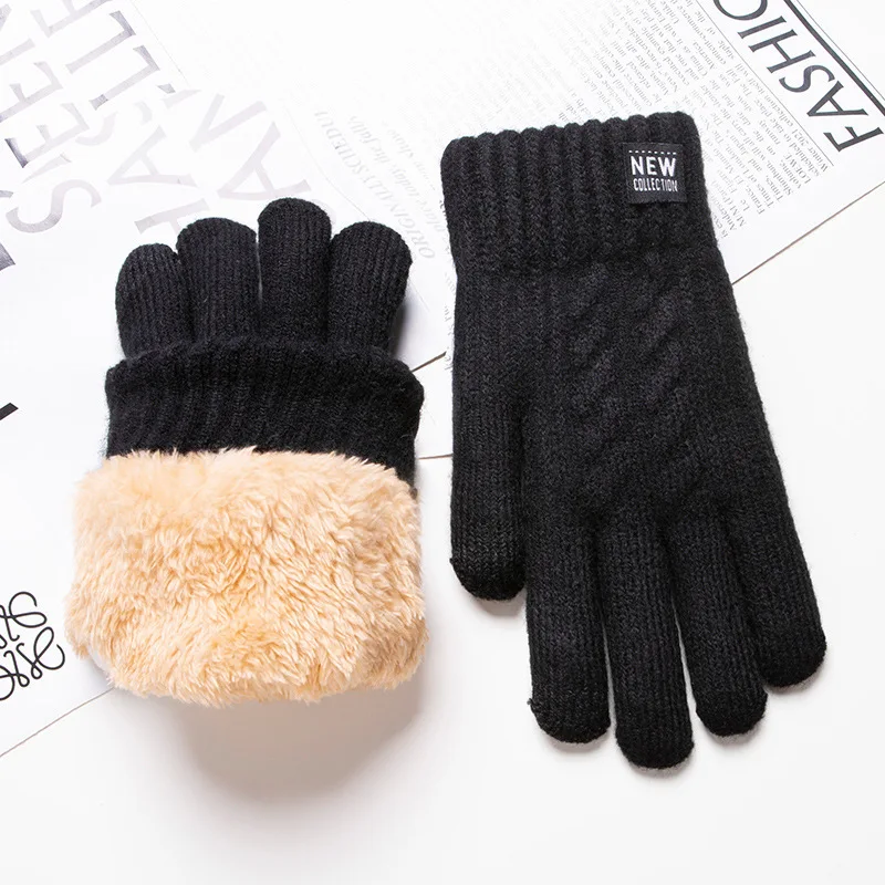 Winter Warm Knitted Gloves Solid Full Fingers Touchscreen Thicken Plush Cycling Driving Mittens New Men Solid Trendy Hand Warmer