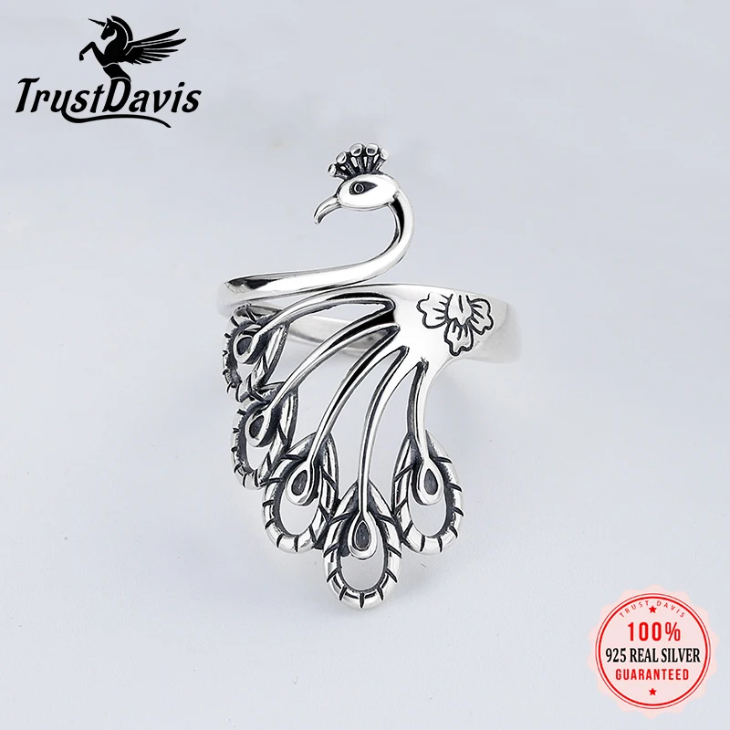 TrustDavis Real 925 Sterling Silver Ring Fashion Sweet Phoenix Peacock Ring for Women Mun Birthday Present Jewelry DA2581