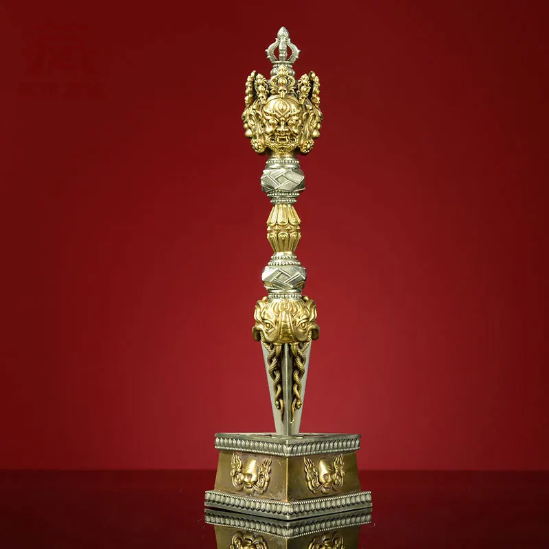 Five-Pronged Golden Steel Stake Ornament Tibetan-style living room with a bronze Vajra and Dharma Chakra sculpture Complete deco