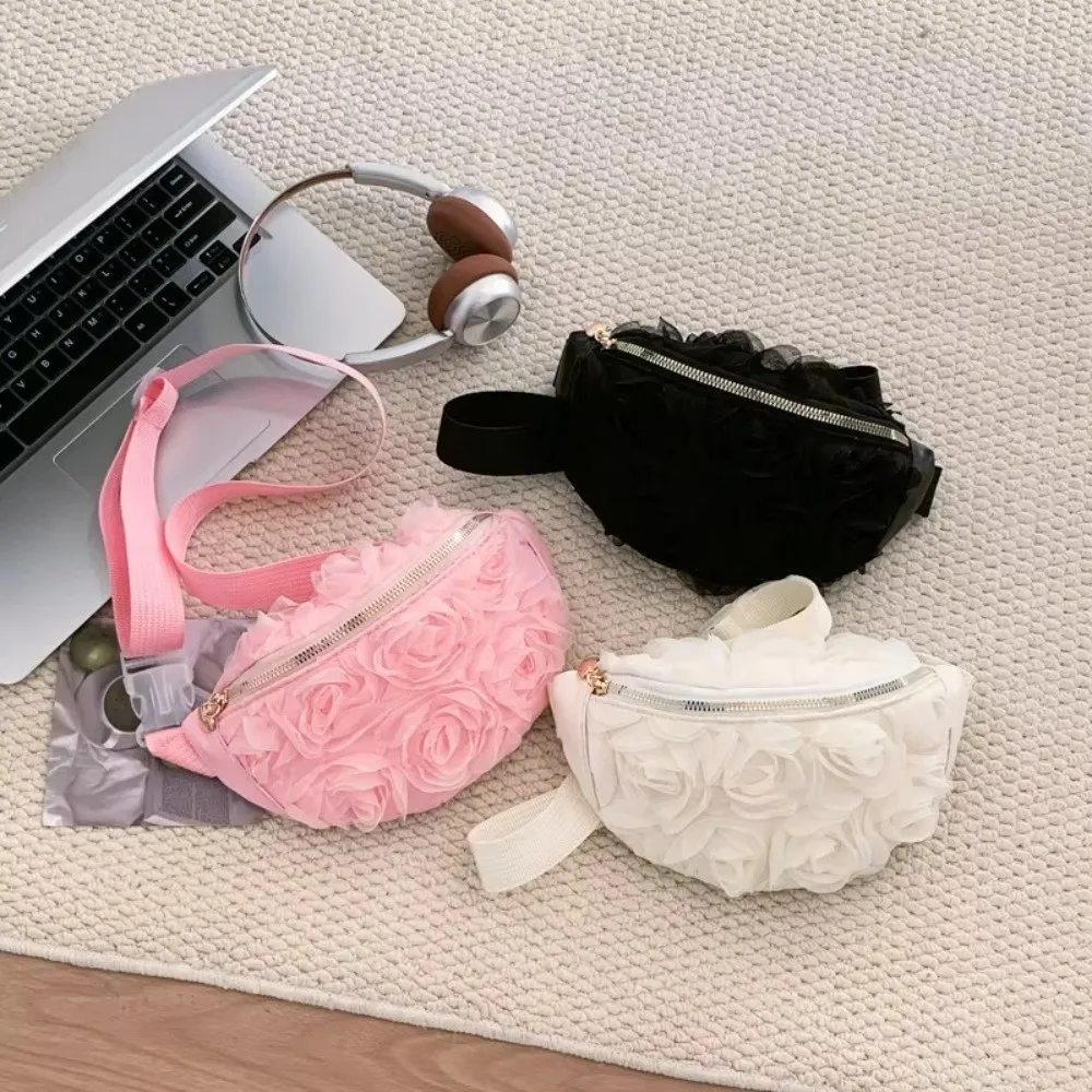 Casual Lace Mesh Waist Bag Lightweight Adjustable Strap Crossbody Bag Flower Pattern Zipper Shoulder Bag
