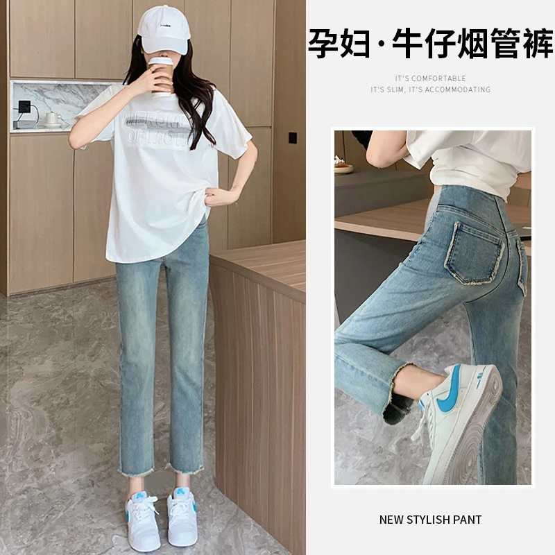 Summer Thin Breathable Stretch Denim Maternity Straight Jeans Cut-off Belly Pants Clothes for Pregnant Women Casual Pregnancy