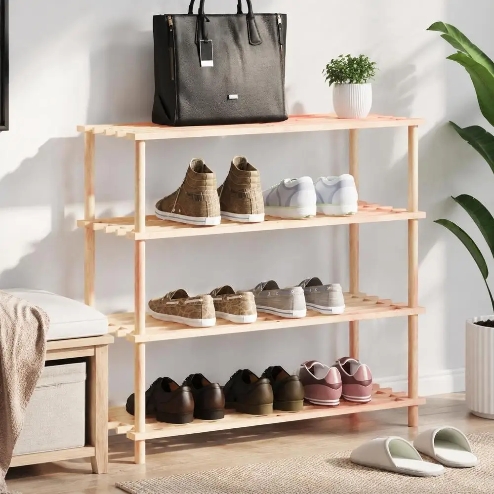 Étagère à chaussures à quatre niveaux en forme de S, en bois massif, résistante et durable, style classique, à assembler avec des outils complets, pour organiser l'entrée, le hall, la chambre et le placard de votre logement.