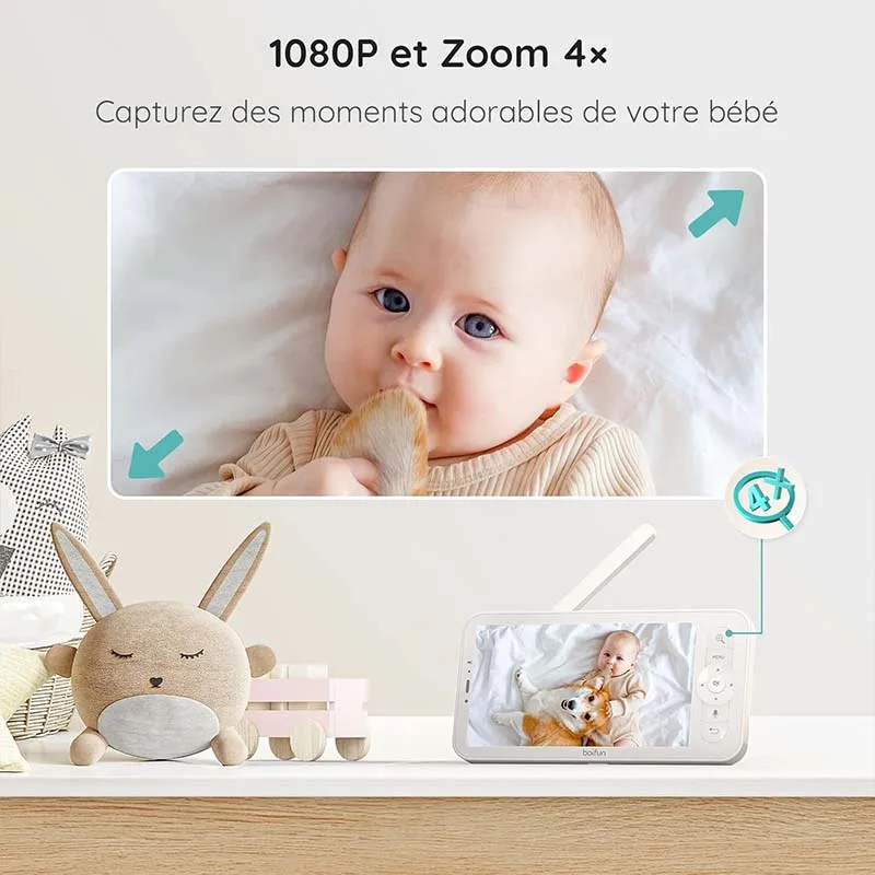Câmera monitor de bebê BOIFUN 1080P 5", PTZ 355 ° Câmera Baby Motion Monitoramento e Rastreamento Automático, Monitor e Smartphone