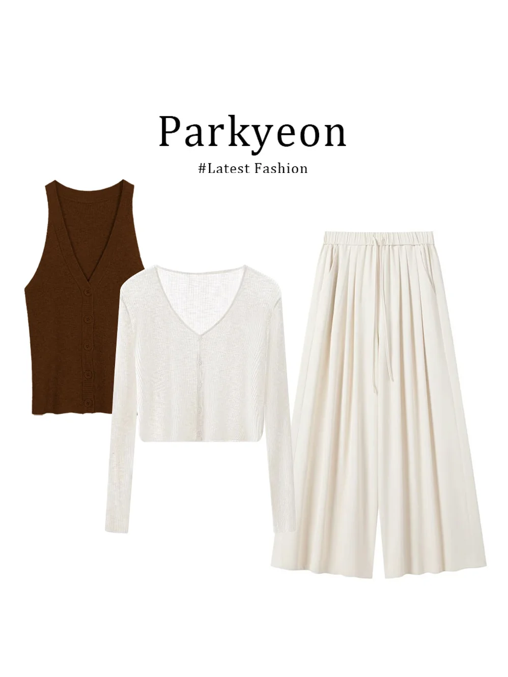 

Летний повседневный вязаный комплект: свободная куртка, облегающий жилет, брюки с широкими штанинами — комплект из трех предметов для путешествий