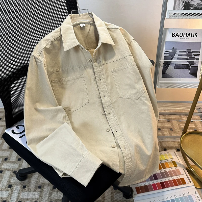 

American Sle Loose Retro Workwear irt Men's Long Sve Trendy Casual Spread Collar ket High-End Feeling irt Coat