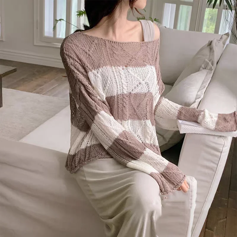 

Spring and Summer New Knitted Hollow Women's Sweater Fashion Striped Loose Casual Pullover Shirt