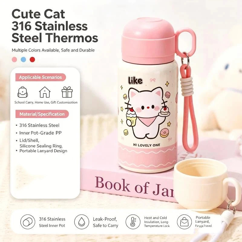 Cute Cartoon Cat Printed Stainless Steel Insulated Water Bottle With Portable Strap 12H Heat Retention For Kids School Outdoor