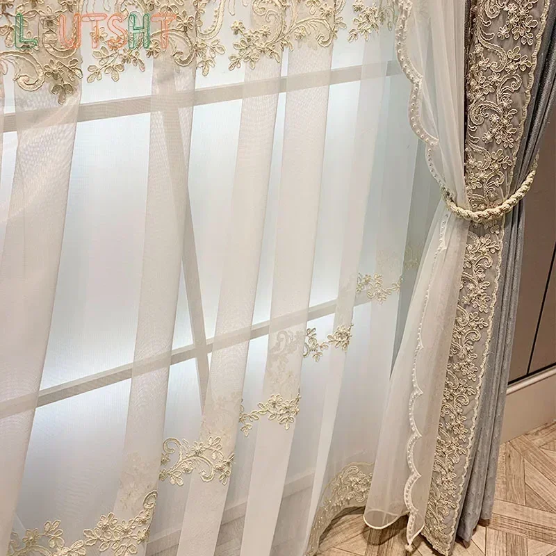 

Custom Size Luxury Pearls Embroidered Tulle Curtains For Living Room Flowers Rope Embroidery Gauze Window Drapes For Bedroom