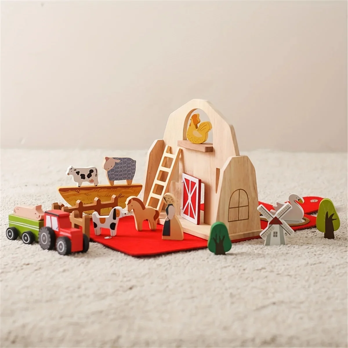 A04R-18pcs Farm Animals Barn Toys Wooden Montessori Stacking for Toddlers Red Barn Toys Farm Pretend Playset Birthday Gift