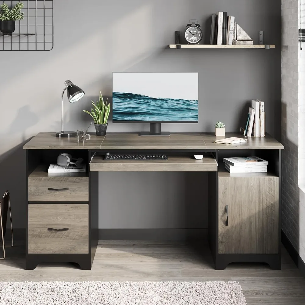 

59” Executive Desk with 2 Drawers, Computer Desk with Storage Cabinet, Industrial Wood Desk with File Drawer, Keyboard T