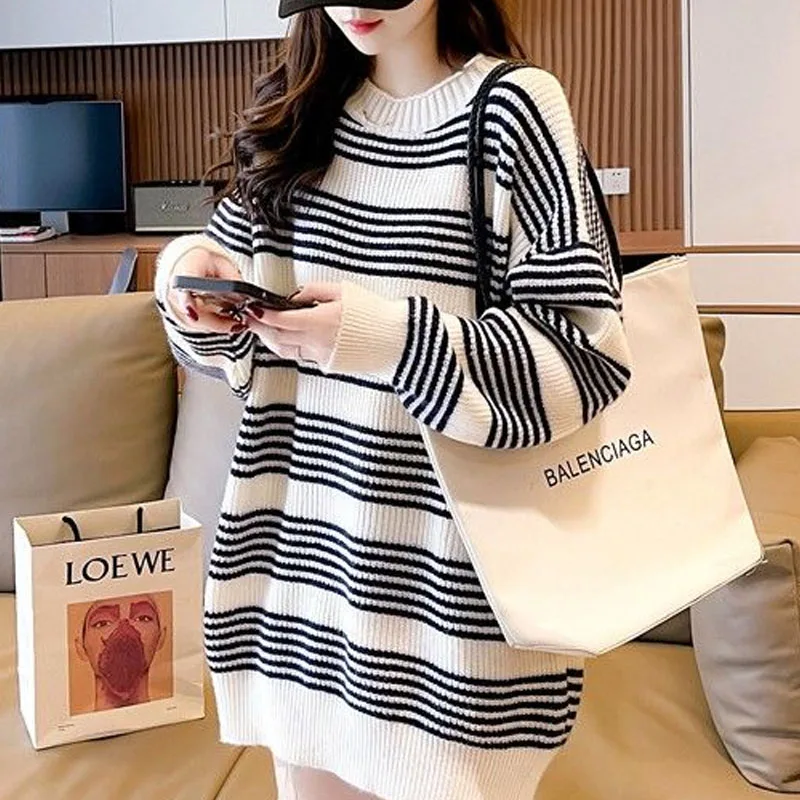 Autumn Winter Loose All-match Striped Knitted Pullovers Women's Clothing Fashion Casual Long Sleeve Korean Knitted Pullovers