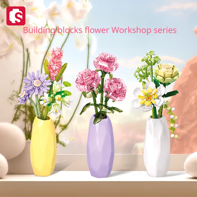 

SEMBO BLOCK Flower Workshop Series Bouquet Model Crystal Rose Tabletop Decoration Children's Toy Birthday Gift Not Withering