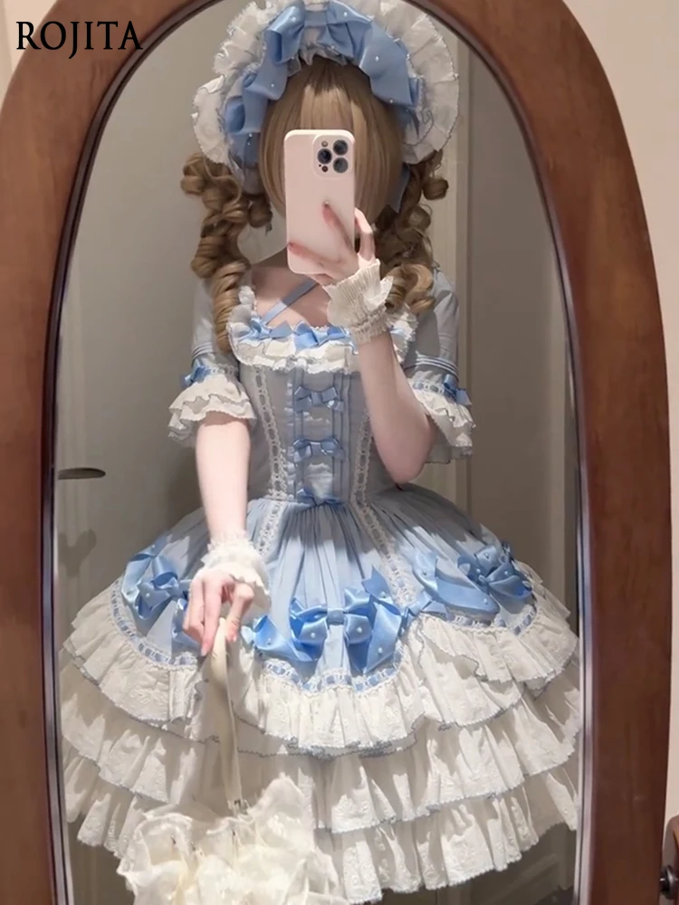 

Ballet Style Lolita Bow Heavy Industry Blue Princess Lolita Tutu Dress for Women Summer Cascading Ruffle Edge Lolita Clothes