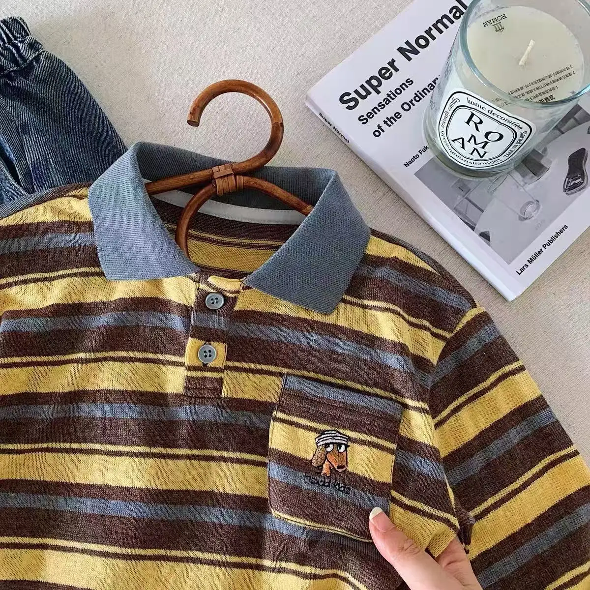 Frühling Herbst Neues gestreiftes Poloshirt für Kinder, Jungen und Mädchen, Oberteil mit Welpen-Tasche, Baby-Langarm-Basic-T-Shirt, modisch und gut aussehend – Detail 8