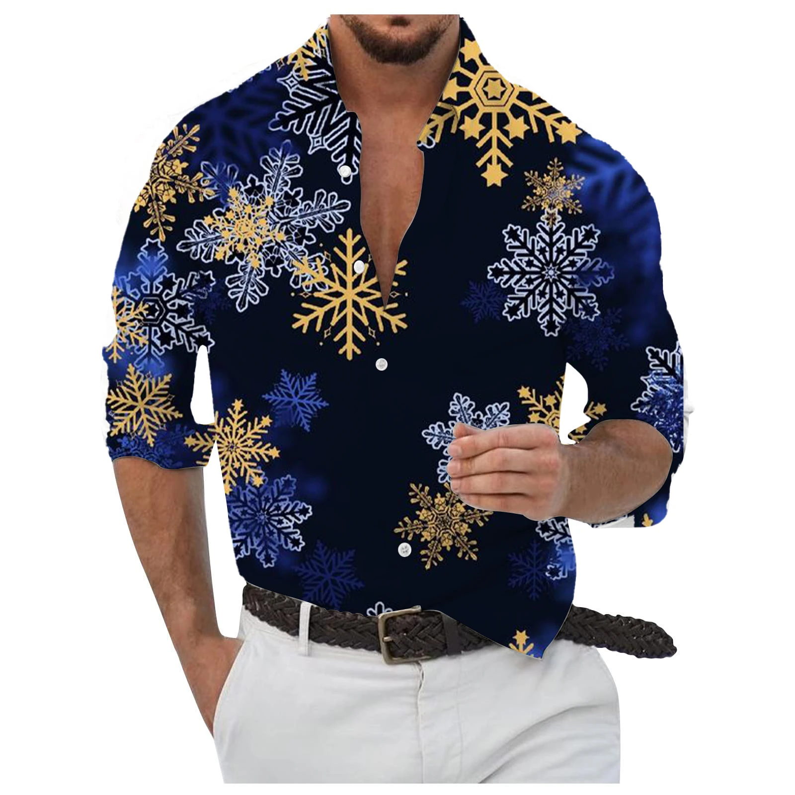 

3D Printed Christmas Golden Snowflakes Men's Button Up Long Sleeved Shirt Outdoor Shirt Collar Men's Clothing 2024 Christmas Day