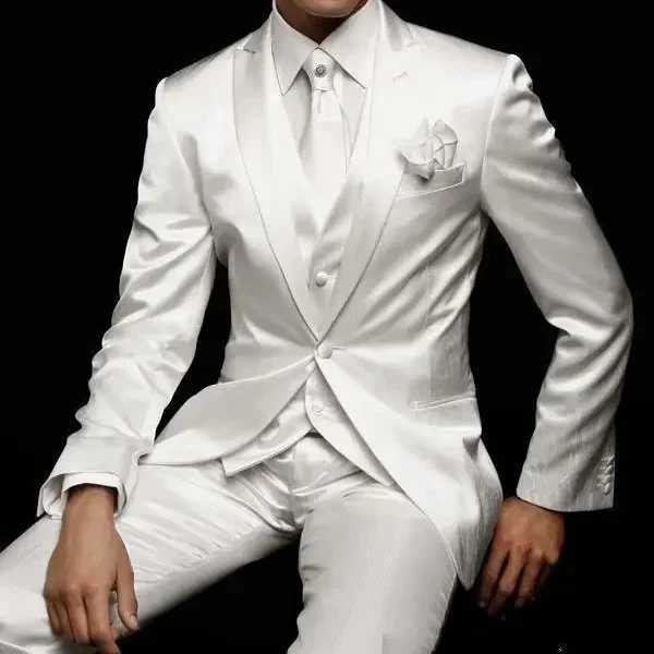 

Ivory White Satin Italian Men Suit Wedding Suits For Men High Quality Custom Slim Fit 3 Piece Gentle Prom Tuxedo Terno Masculino